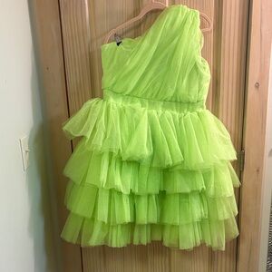 Lime Green One-Shoulder Ruffled Tulle Dress
